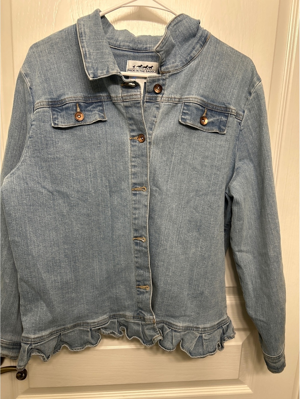 Back in the Saddle Light Wash Denim Jacket with Ruffle Hem, Size Large